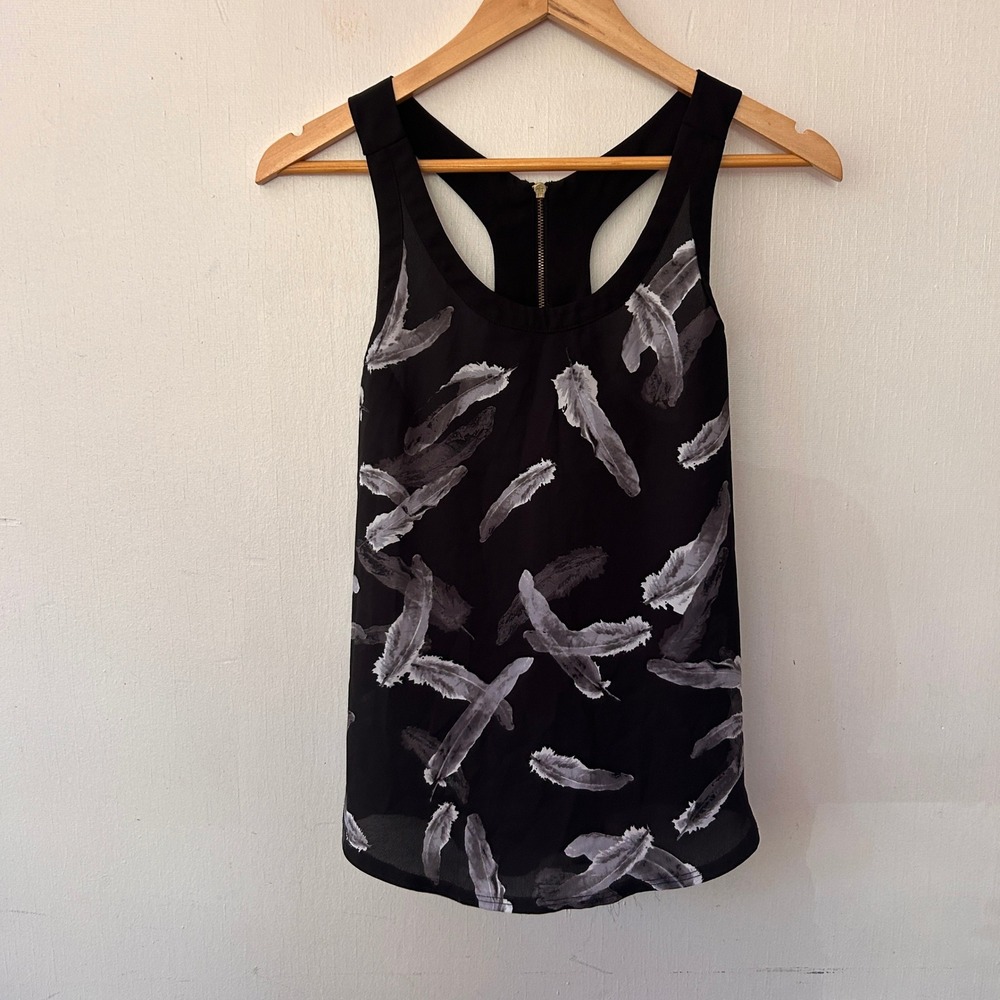 Express Tank Top Womens XS Black Feather Print Zipper Racerback Whimsigoth Y2K